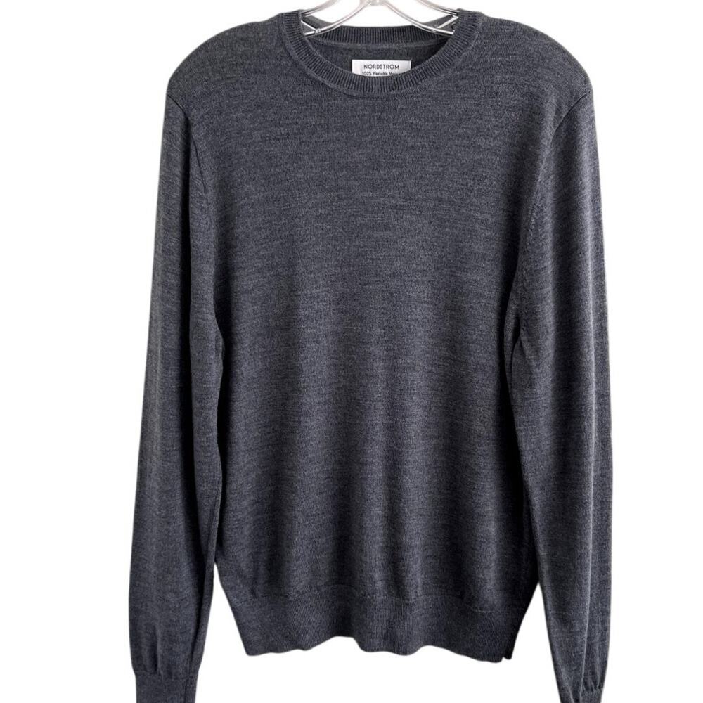 Nordstrom Sz L Merino Wool Sweater Gray Classic Preppy Office Minimalist Basic - Picture 2 of 11
